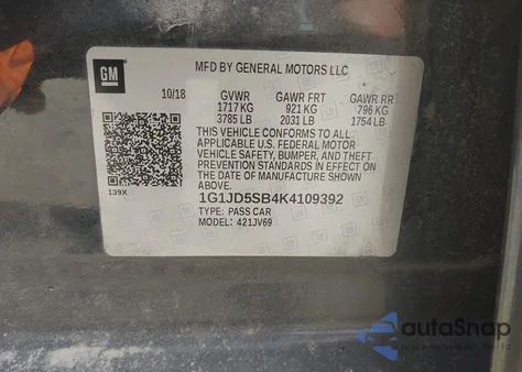 2019 Chevrolet Sonic Lt Auto from USA, damaged, VIN 1G1JD5SB4K4109392